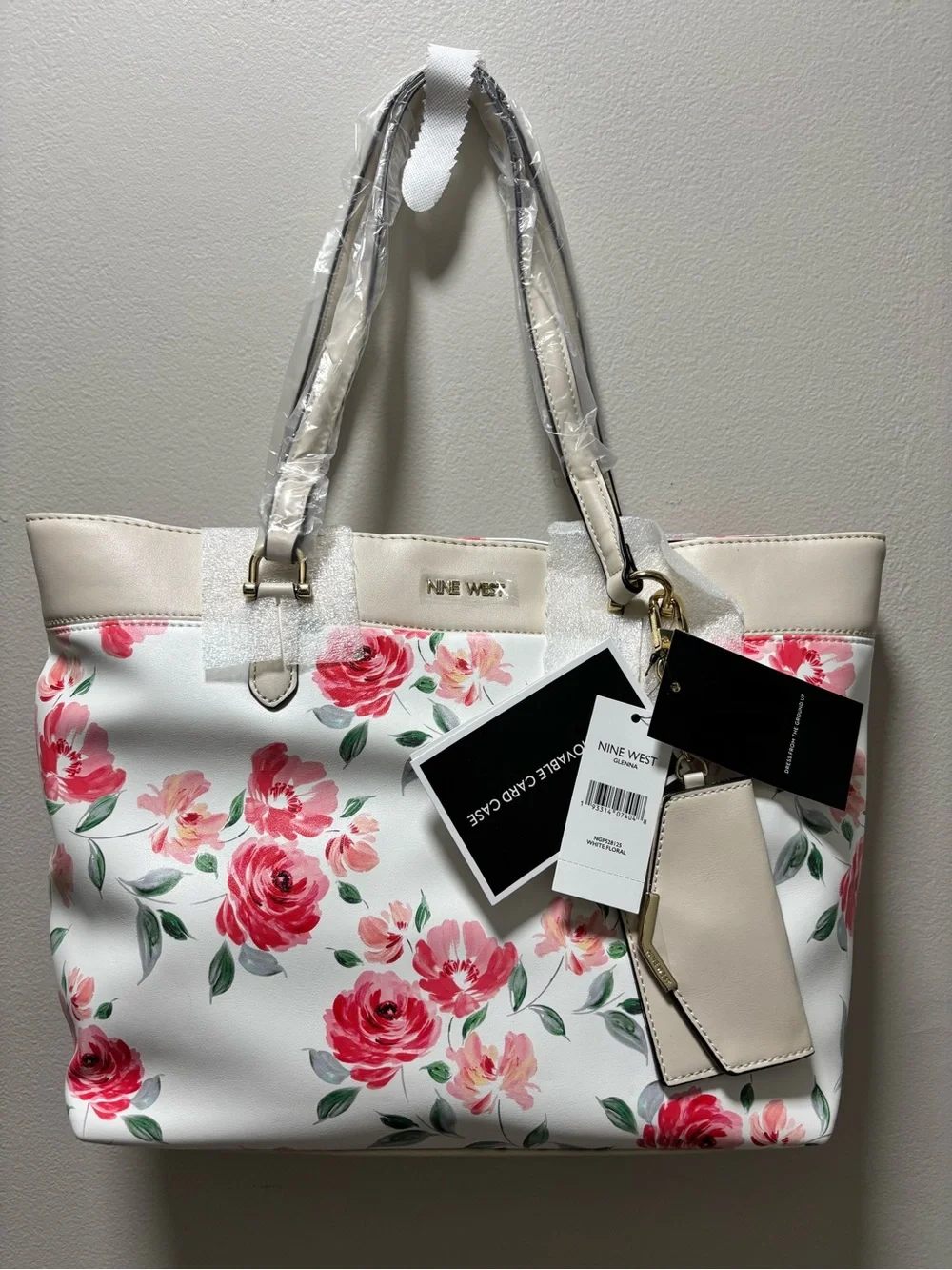 Nine West White Floral Tote Purse Bag Pink Roses Attached Keyring Card Holder